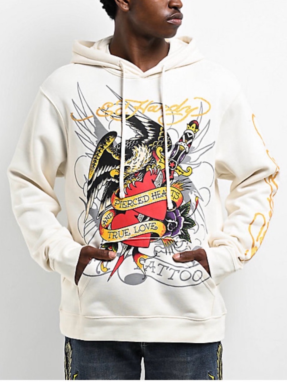 NWT Ed Hardy Ivory Hoodie with Gold Script and Black Graphic